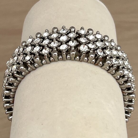 Vintage White Rhinestone Silver-tone Metal  1" Wide Stretch Bracelet / Showgirl - Picture 4 of 14